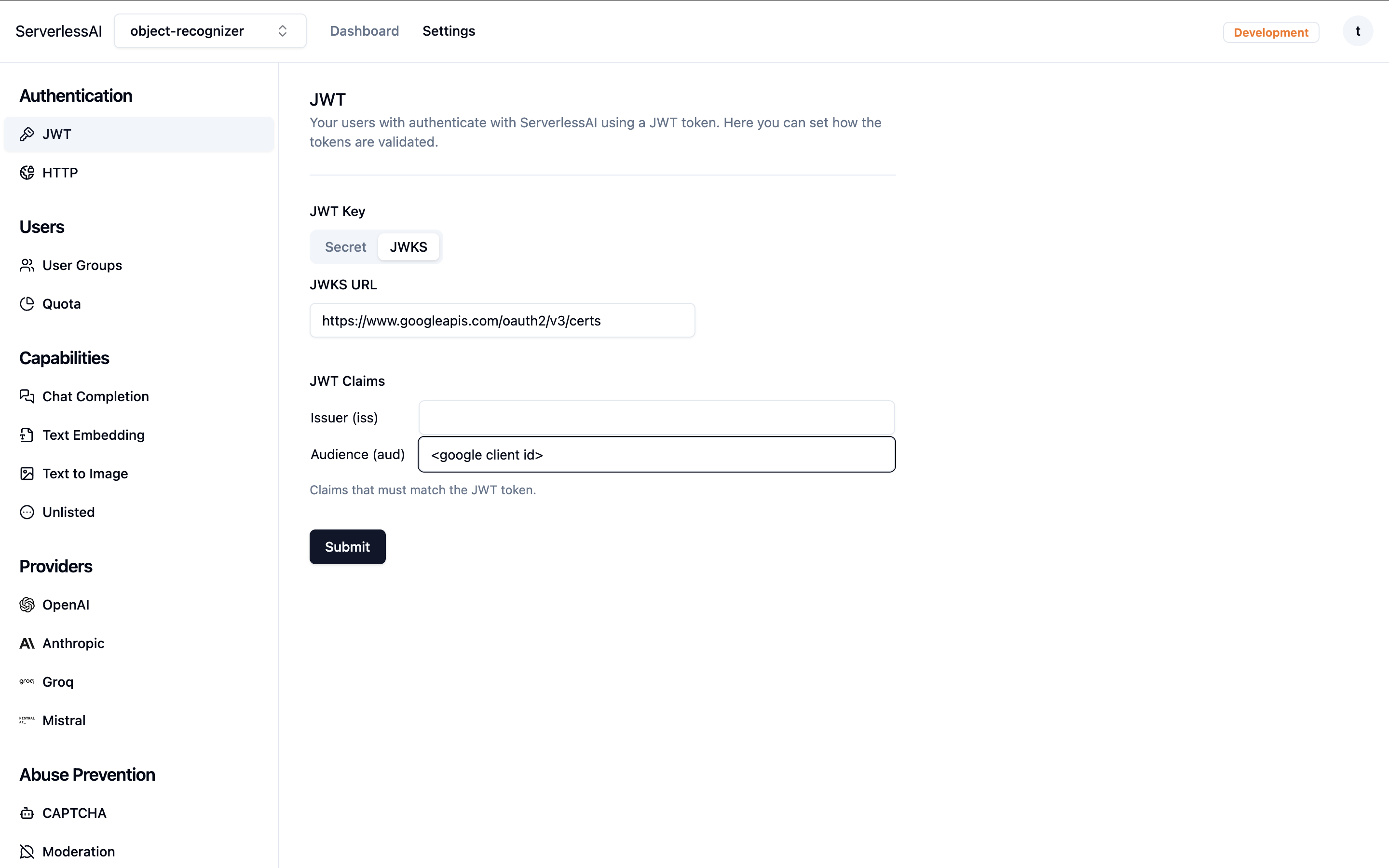 ServerlessAI JWT settings