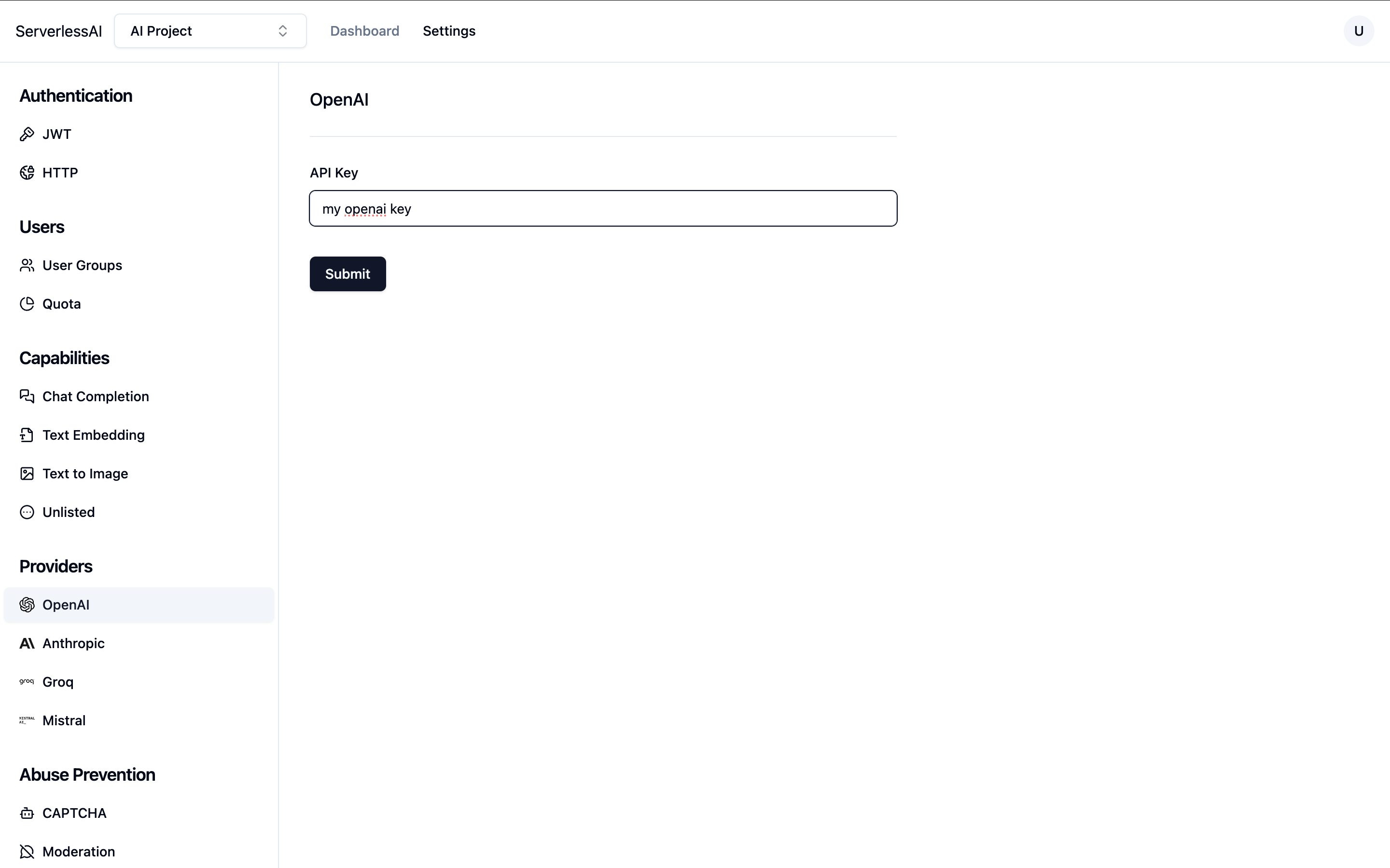 ServerlessAI OpenAI settings