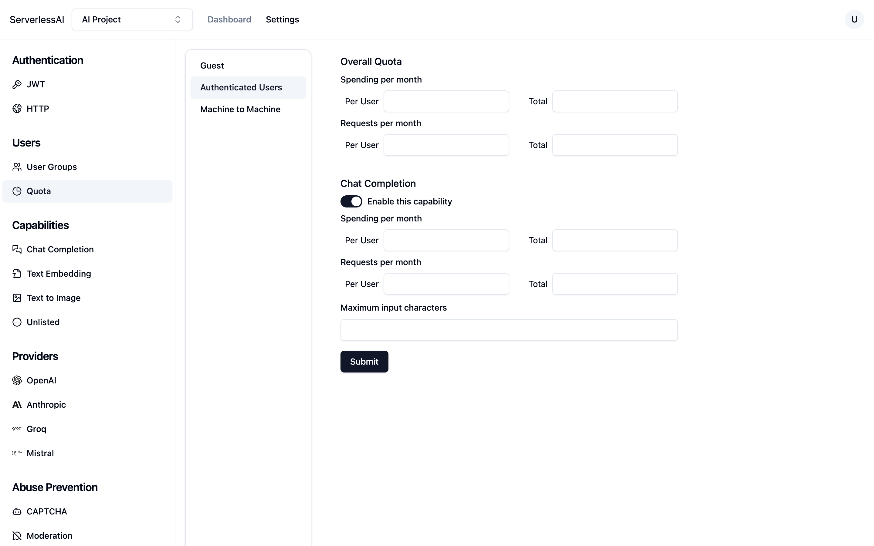 ServerlessAI quota